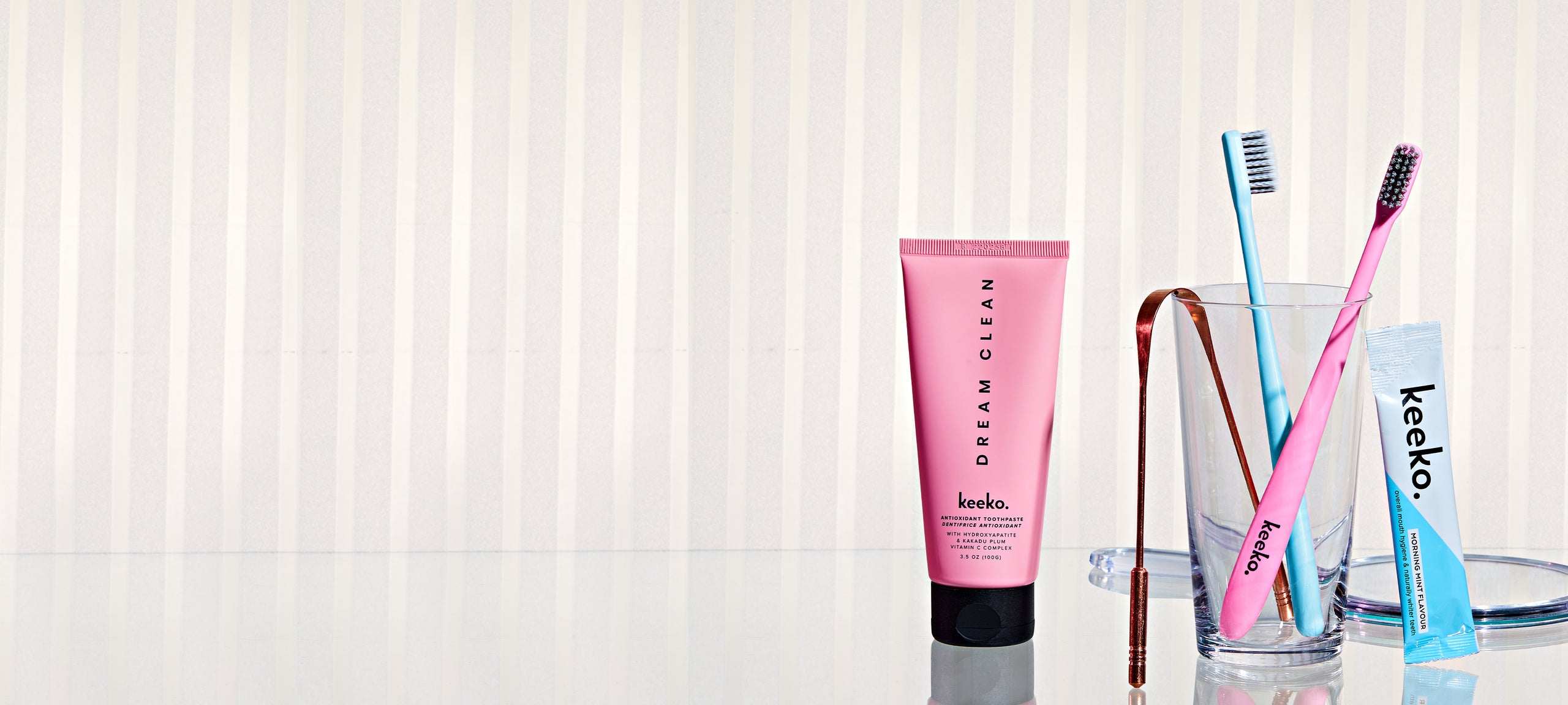 natural dental care offering natural toothpaste with hydroxyapatite and bamboo toothbrushes and teeth whitening and copper tongue scraper